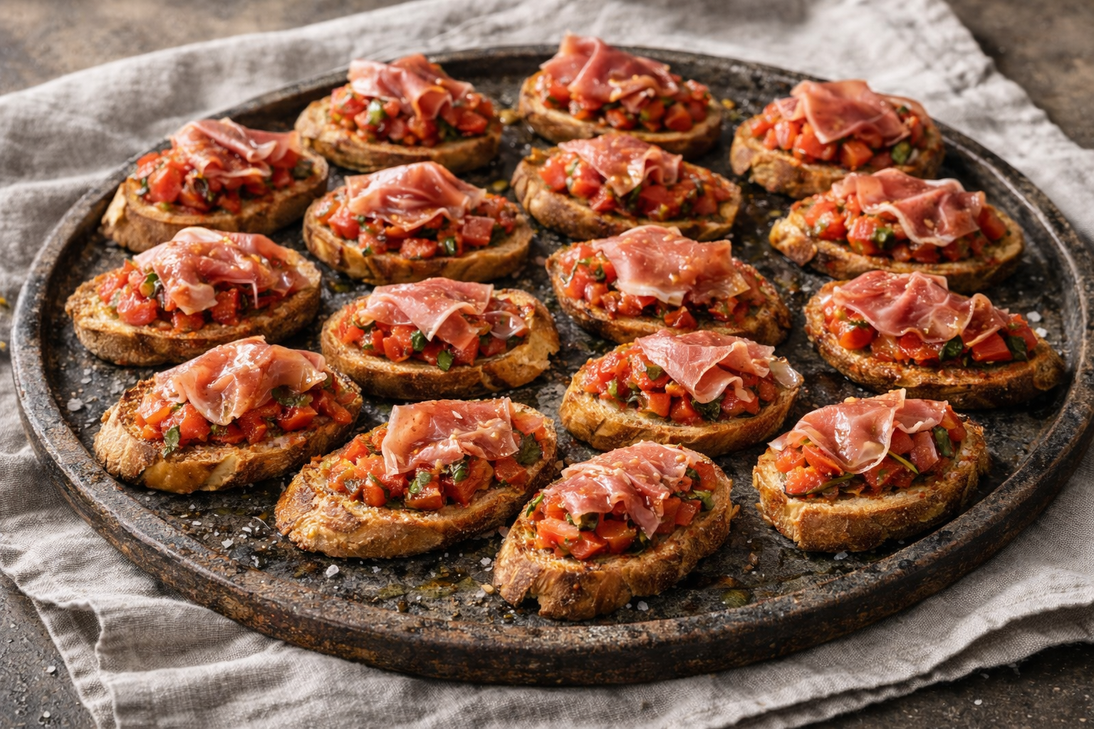 Mini-bruschetta tomaatilla ja serrano-kinkulla